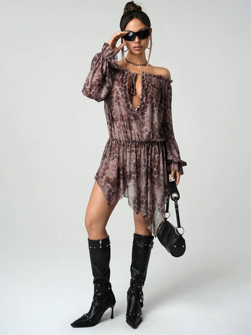 Women Off Shoulder Front Tie Gathered Waist Casual Short Dress