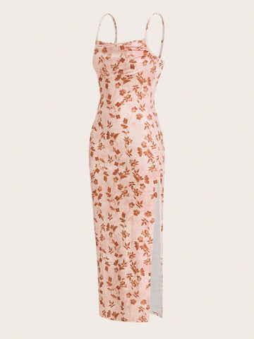 Women Printed Slit Vacation Dress With Pocket Collar Strap