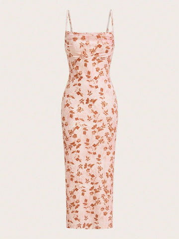 Women Printed Slit Vacation Dress With Pocket Collar Strap