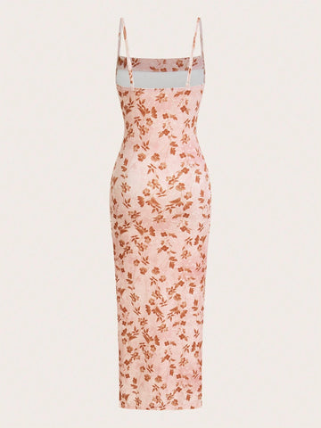 Women Printed Slit Vacation Dress With Pocket Collar Strap