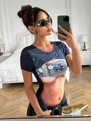 Women Sexy Printed Slim Fit T-Shirt Jumpsuit For Summer
