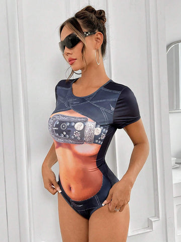 Women Sexy Printed Slim Fit T-Shirt Jumpsuit For Summer
