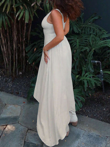 Women Sleeveless A-Line Dress With Round Neckline And Gathered Waist For Casual Outing