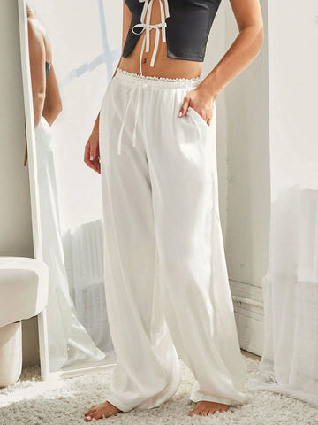 ICON Women Solid Color Belted Pocket Wide Leg Loose Fit Low Waist Pants
