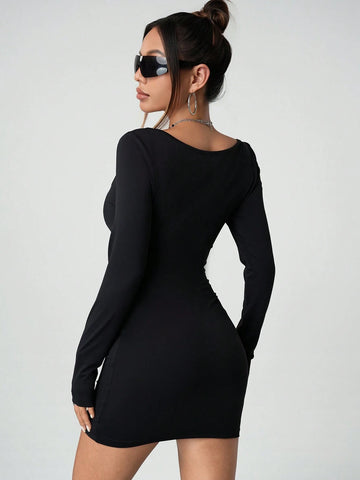 Women Solid Color Long Sleeve Hollow Out Minimalist Casual Short Dress