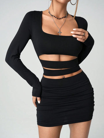 Women Solid Color Long Sleeve Hollow Out Minimalist Casual Short Dress