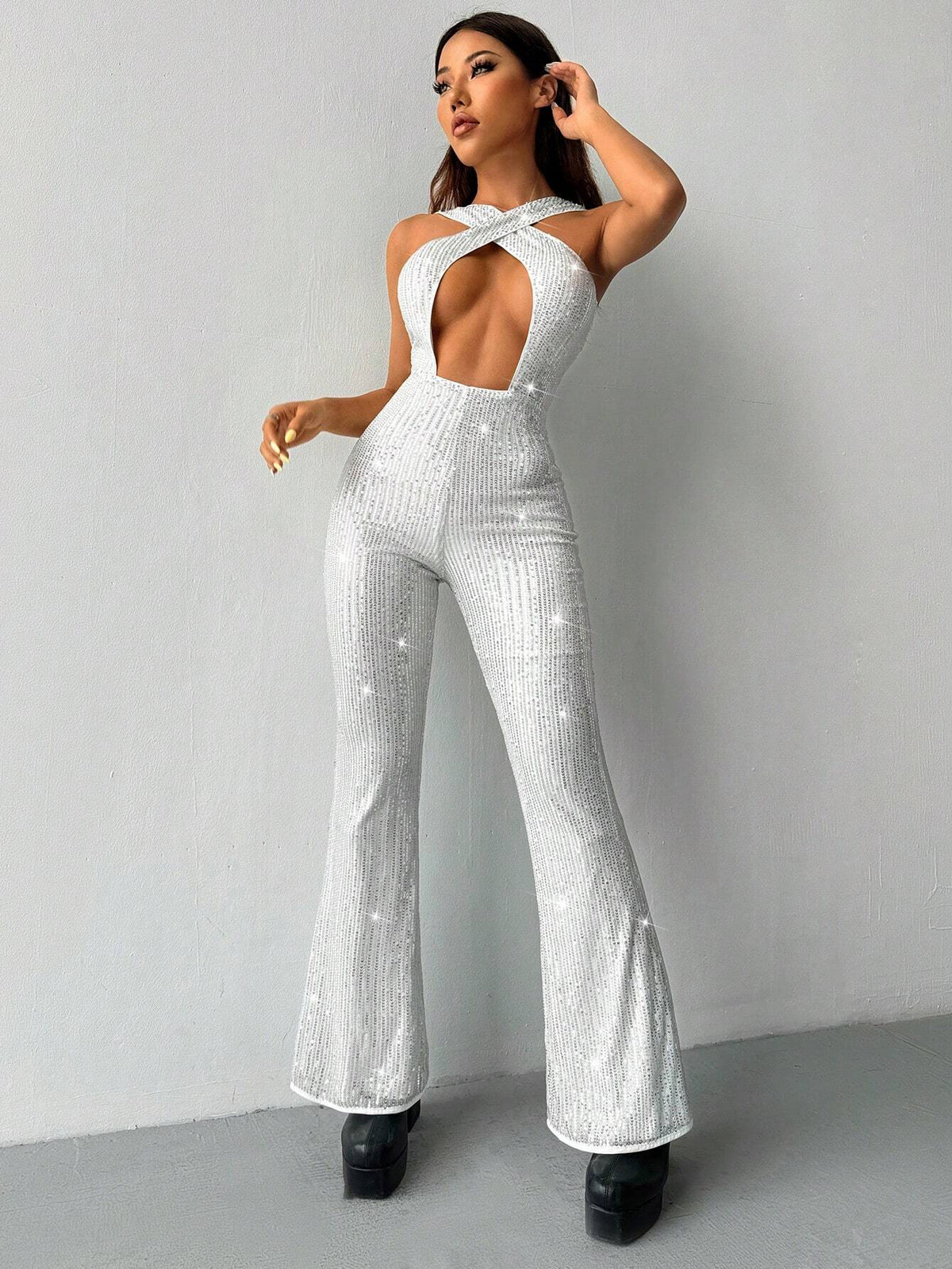 Women Summer Solid Color Sparkly Deep V-Neck Hollow Out Cross Strap Halter Wide Leg Jumpsuit