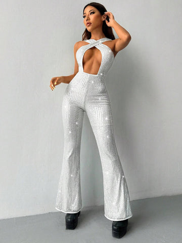 Women Summer Solid Color Sparkly Deep V-Neck Hollow Out Cross Strap Halter Wide Leg Jumpsuit