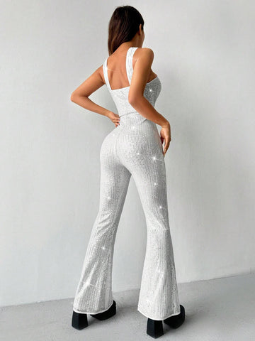 Women Summer Solid Color Sparkly Deep V-Neck Hollow Out Cross Strap Halter Wide Leg Jumpsuit