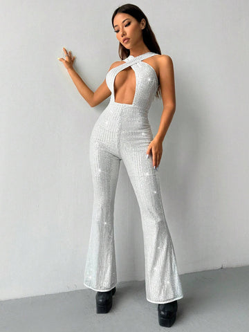 Women Summer Solid Color Sparkly Deep V-Neck Hollow Out Cross Strap Halter Wide Leg Jumpsuit