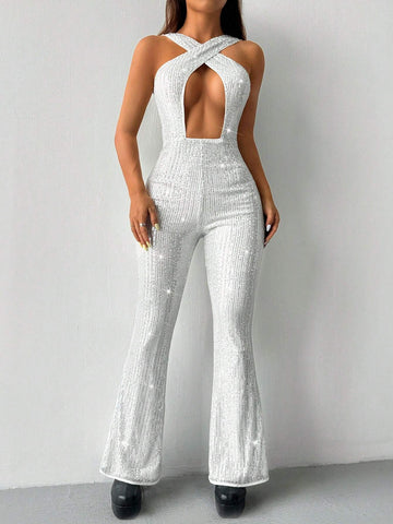 Women Summer Solid Color Sparkly Deep V-Neck Hollow Out Cross Strap Halter Wide Leg Jumpsuit