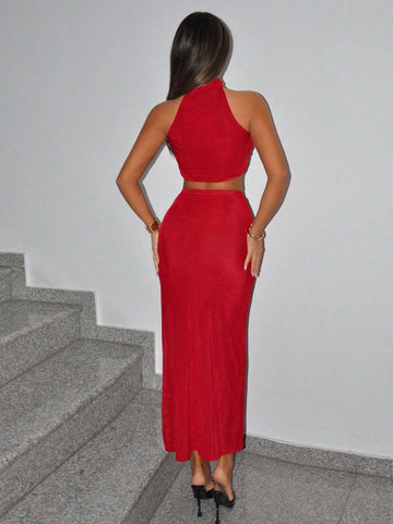 Women Two-Piece Holiday New Years Outfits Sexy Solid Color High Slit Maxi Skirt Set Slim Fit Party/Nightclub Outfits,Christmas 2-Piece Set