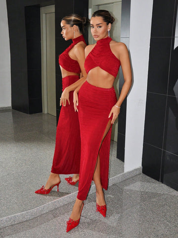 Women Two-Piece Holiday New Years Outfits Sexy Solid Color High Slit Maxi Skirt Set Slim Fit Party/Nightclub Outfits,Christmas 2-Piece Set