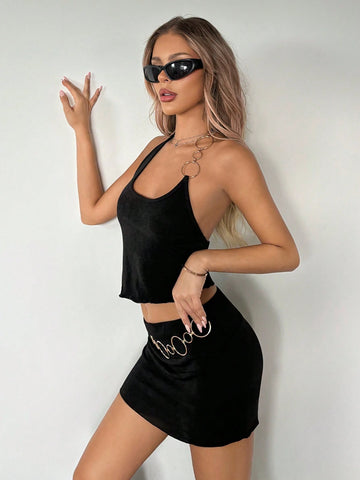 Women Two Piece Sets Going Out Sexy Fashionable Solid O-Ring Chain Detail Slim Fit Lettuce Trim Backless Halter Top & Bodycon Mini Skirt Set
