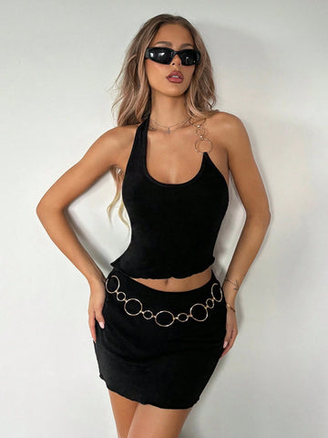 Women Two Piece Sets Going Out Sexy Fashionable Solid O-Ring Chain Detail Slim Fit Lettuce Trim Backless Halter Top & Bodycon Mini Skirt Set