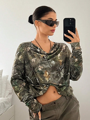 ICON Women's Branch Printed Loose Drop Shoulder Fashion T-Shirt