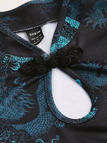 Women's Cheongsam Collar Short Sleeve Dress With Chinese Dragon Print