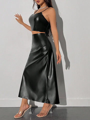 Women's Cool Solid Color Pu Camisole Top & Skirt Two-piece Set