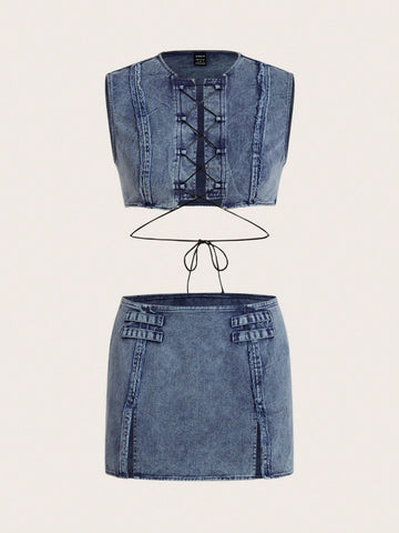 Women's Crop Top With Tie Straps And High Slit Skirt Set