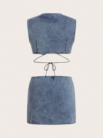 Women's Crop Top With Tie Straps And High Slit Skirt Set