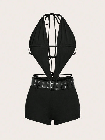 Women's Deep V-Neck Halter Neck With Pu Belt Decoration Ultra Low-Cut Bodycon Jumpsuit