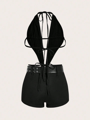 Women's Deep V-Neck Halter Neck With Pu Belt Decoration Ultra Low-Cut Bodycon Jumpsuit