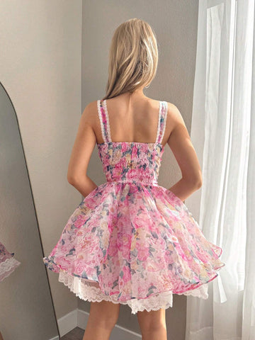 Women's Elegant Floral Print Organza Strap Dress