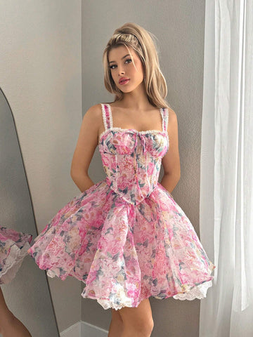 Women's Elegant Floral Print Organza Strap Dress