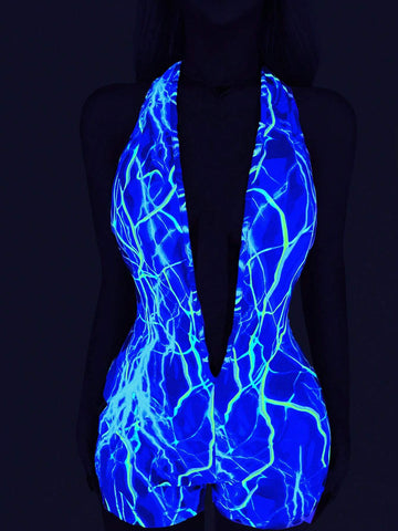 Tie-Dye Print Deep V-Neck Backless Halter Neck Y2K Bodycon Romper