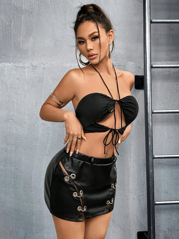 Women's Halter Neck Top And Pu Skirt Set