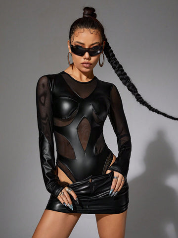 Women's High Cut Mesh Panel Bodysuit