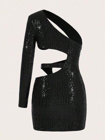 Women's Irregular Hem Sequin Embellished One Shoulder Dress With Hollow Out Details