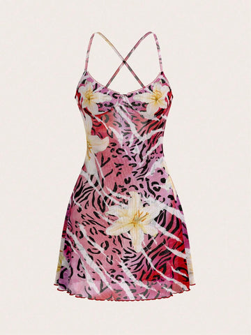 Women's Leopard Floral Mesh Print Sheer Slip Dress