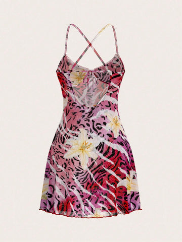 Women's Leopard Floral Mesh Print Sheer Slip Dress