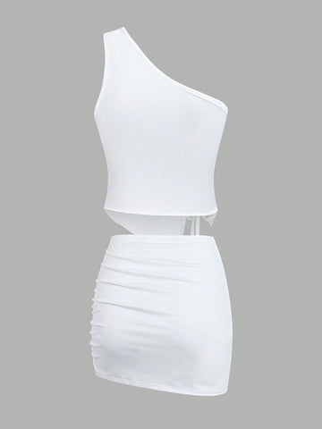 Women's One Shoulder Sleeveless Drawstring Top And Skirt Set