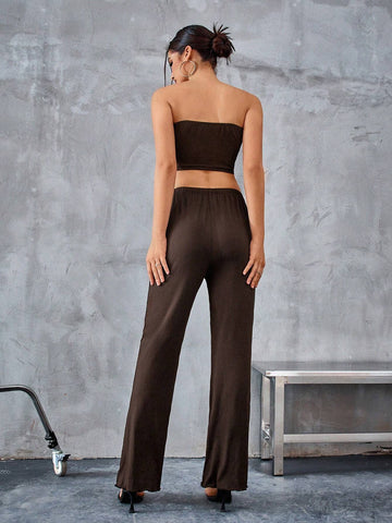 Women's Rhinestone Decorated Lace Strapless Top And Skirt Set