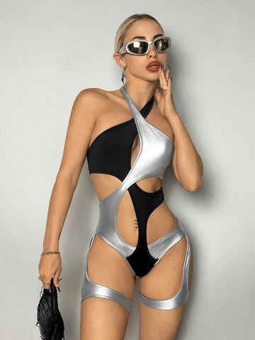 Women's Sexy Cross Halter Neck Hollow Out Leg Ring Bodycon Bodysuit, Summer