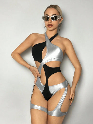 Women's Sexy Cross Halter Neck Hollow Out Leg Ring Bodycon Bodysuit, Summer