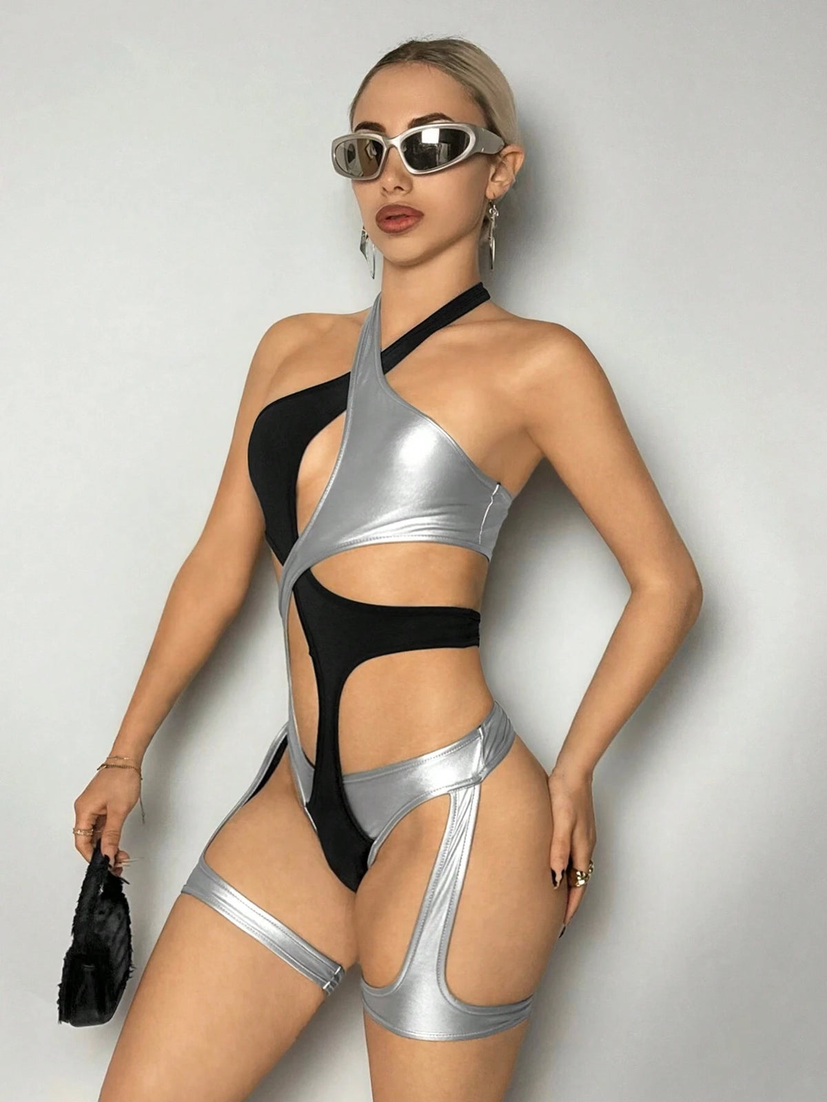 Women's Sexy Cross Halter Neck Hollow Out Leg Ring Bodycon Bodysuit, Summer