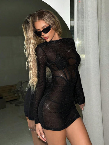 Women's Sexy Rhinestone Decorated Long Sleeve Evening Party Dress