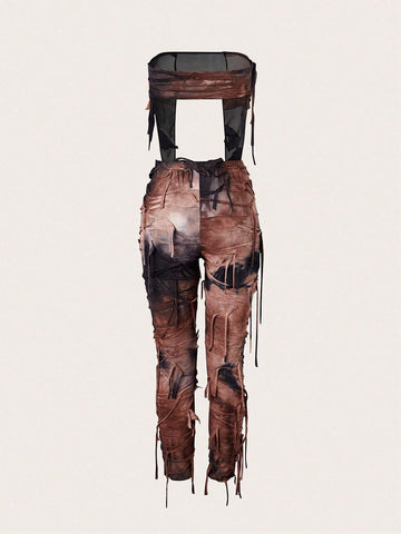 Women's Sexy Tie-Dye Mesh Splice Asymmetrical Hem Tube Top And Long Pants Set, Summer