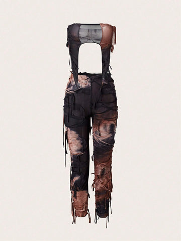 Women's Sexy Tie-Dye Mesh Splice Asymmetrical Hem Tube Top And Long Pants Set, Summer
