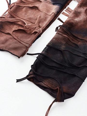 Women's Sexy Tie-Dye Mesh Splice Asymmetrical Hem Tube Top And Long Pants Set, Summer