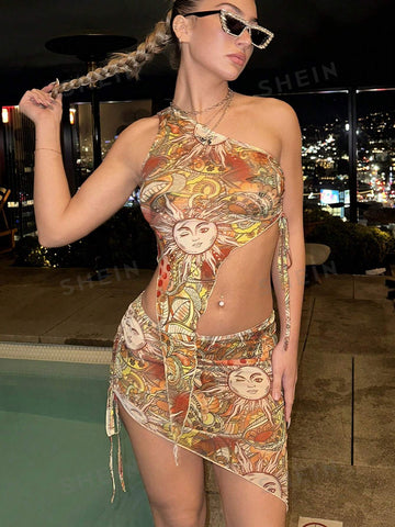 Women's Single Shoulder Perspective Sun & Human Face Printed Sleeveless Top And Low Waist Pleated Irregular Hem Skirt Set