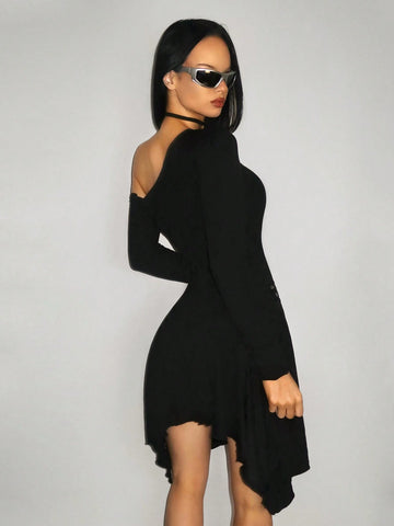 Women's Solid Color Asymmetric Shoulder Long Sleeve Casual Mini Dress