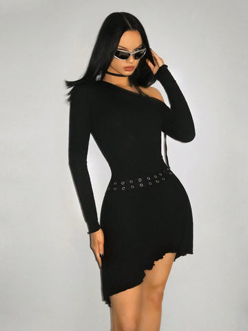 Women's Solid Color Asymmetric Shoulder Long Sleeve Casual Mini Dress