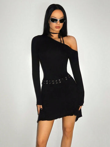 Women's Solid Color Asymmetric Shoulder Long Sleeve Casual Mini Dress