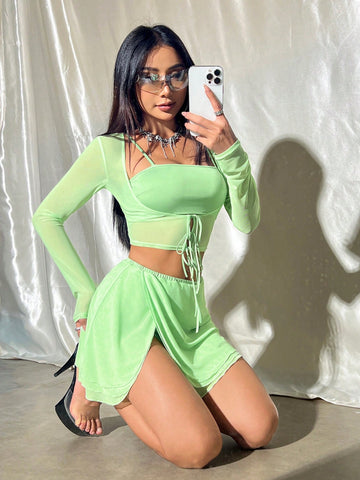 Women's Solid Color Long Sleeve Beach Cover Up And Cami Top And Skirt Set