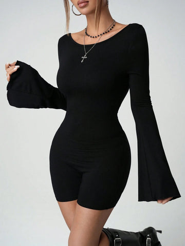 Women's Solid Color Round Neck Long Sleeve Casual Backless Jumpsuit