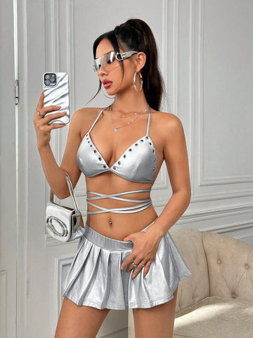 Women's Solid Color Scoop Neck Halter Top And Pleated Skirt Set